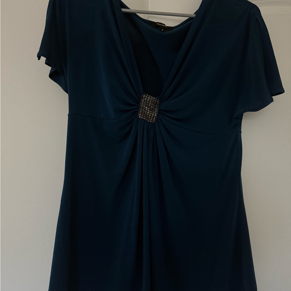 Express Blue Flutter Sleeve Ruched Blouse